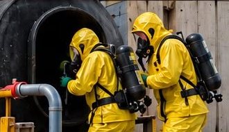 Hazmat responders in protective suits